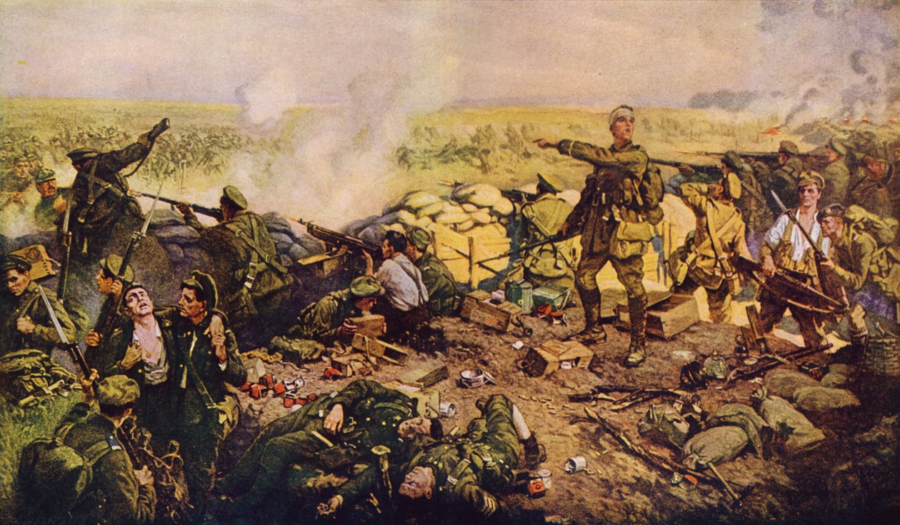 De ukuelige canadiere i det berømte slag ved Ypres (farvelitografi) af American School