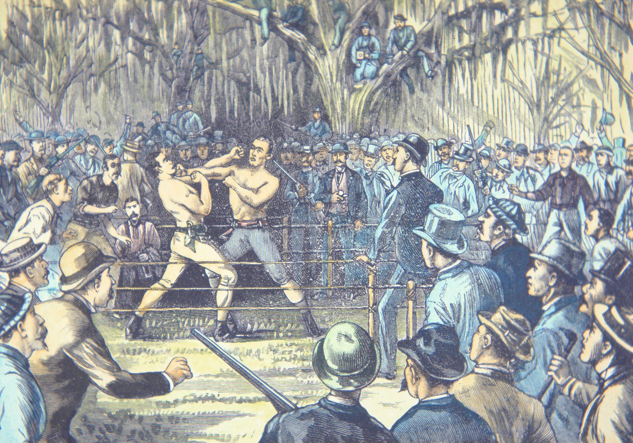 Den sidste kamp om mesterskabet i boksning med bare knojern i 1889, John L. Sullivan mod Jake Kilrain i Richburg, Mississippi (farve litografi) af American School