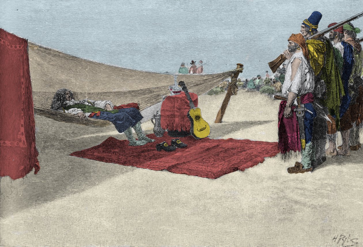 The pirate Sir Henry Morgan recruiting men for the Panama attack around 1670. “” Book of pirates Buccaneers and Marooners of the spanish Main ”” by Howard Pyledani af American School