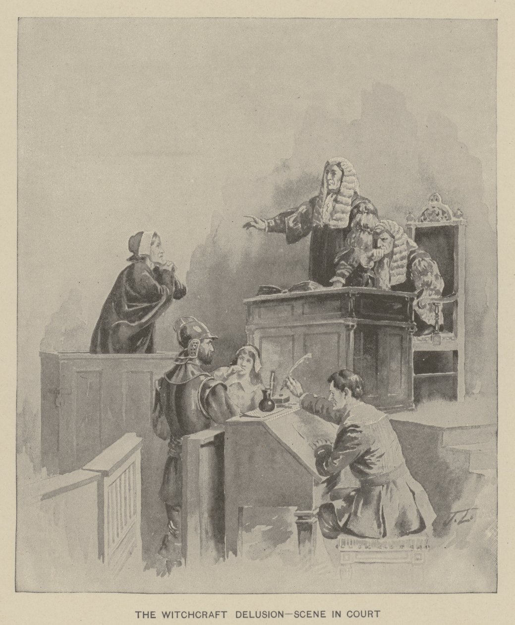 Hekseforestillingen - scene i retten (litografi) af American School