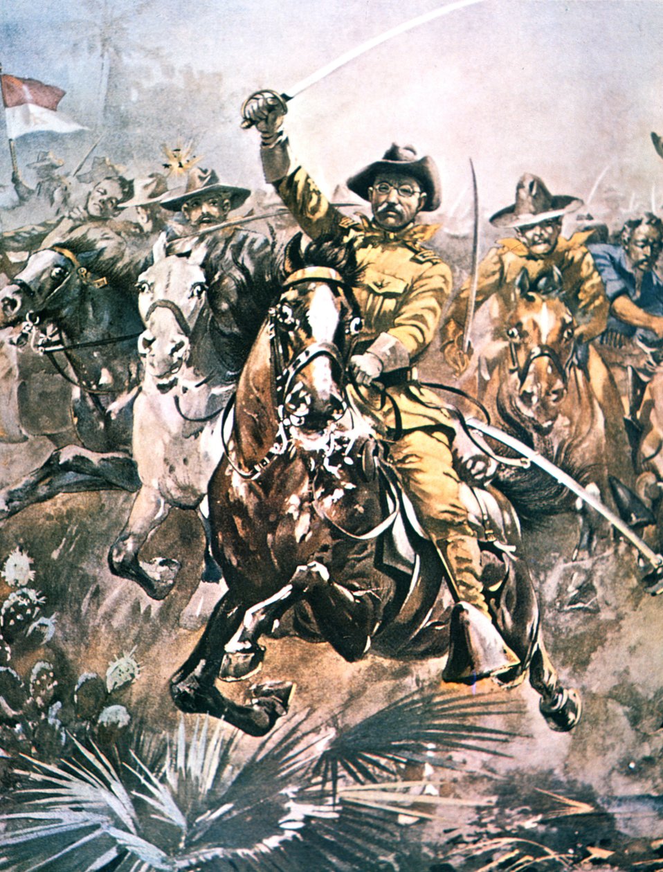 Theodore Roosevelt i spidsen for "Rough Riders" under den spansk-amerikanske krig, detalje af et maleri af W.G. Road af American School