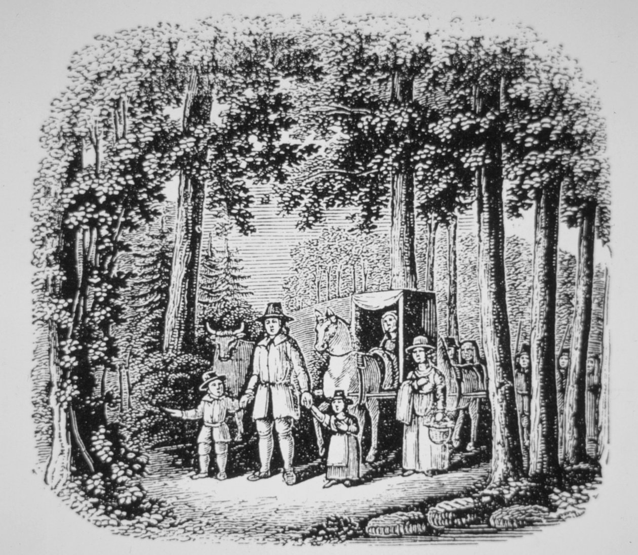 Thomas Hooker fører sine sognebørn ind i Connecticuts ørken (litho) af American School