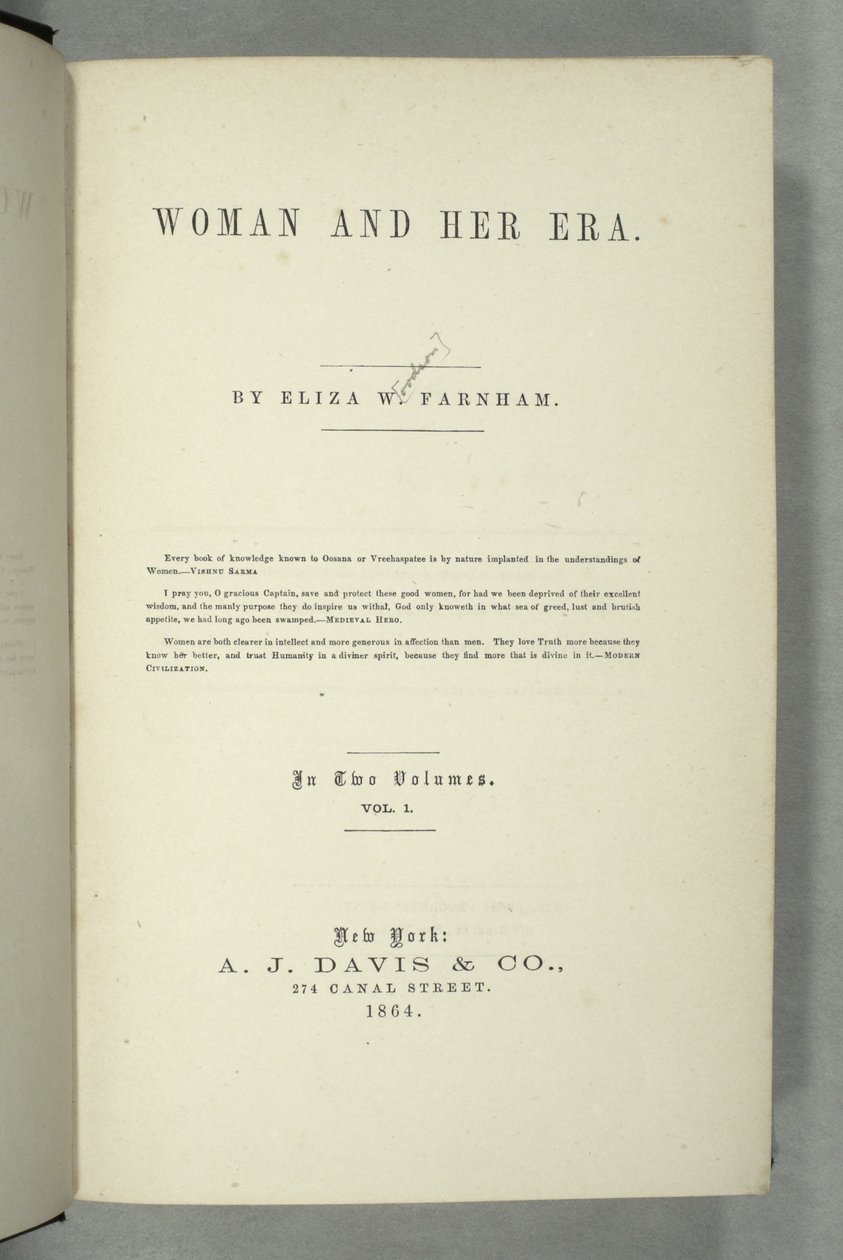 Titelblad for Women and Her Era af Eliza Wood Farnham (1815-64) udgivet i New York, 1864 (tryk) af American School