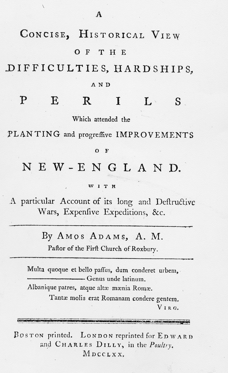 Titelblad til et kortfattet, historisk syn på de vanskeligheder, strabadser og farer, der deltog i Planting and Progressive Improvements of New England, 1770 (trykt papir) af American School
