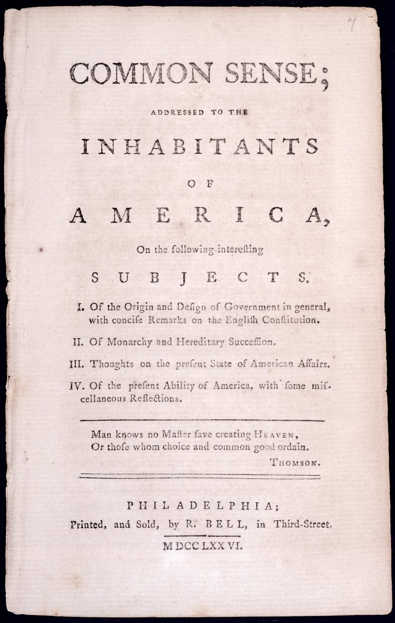 Titelblad til sund fornuft af Thomas Paine (1737-1809) 1776 (tryk) af American School