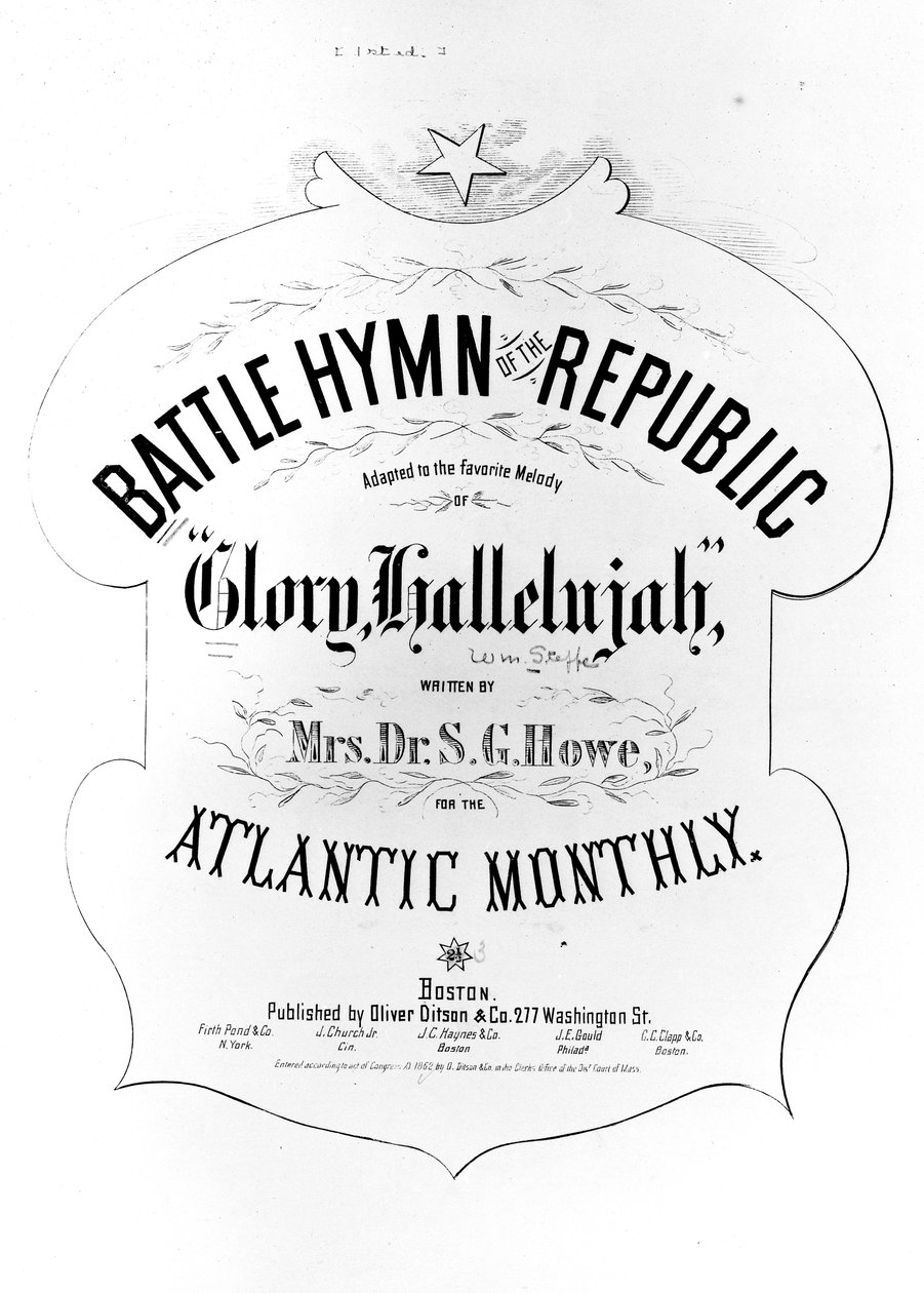 Titelblad til republikkens kampsalme, skrevet af Julia Ward Howe (1819-1910) 1862 af American School