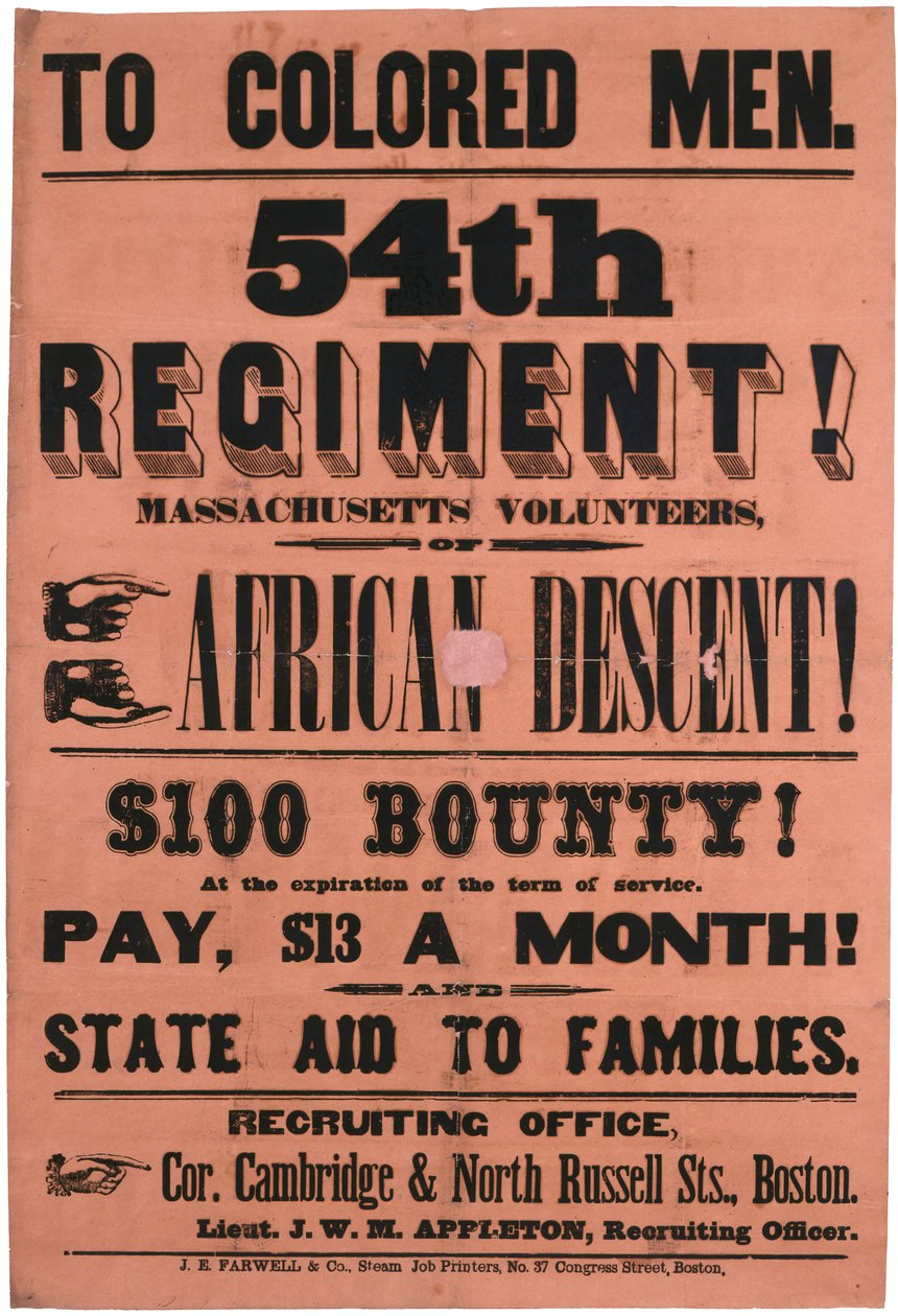 Til farvede mænd. 54. regiment! Massachusetts Volunteers, af afrikansk afstamning, 1863 af American School