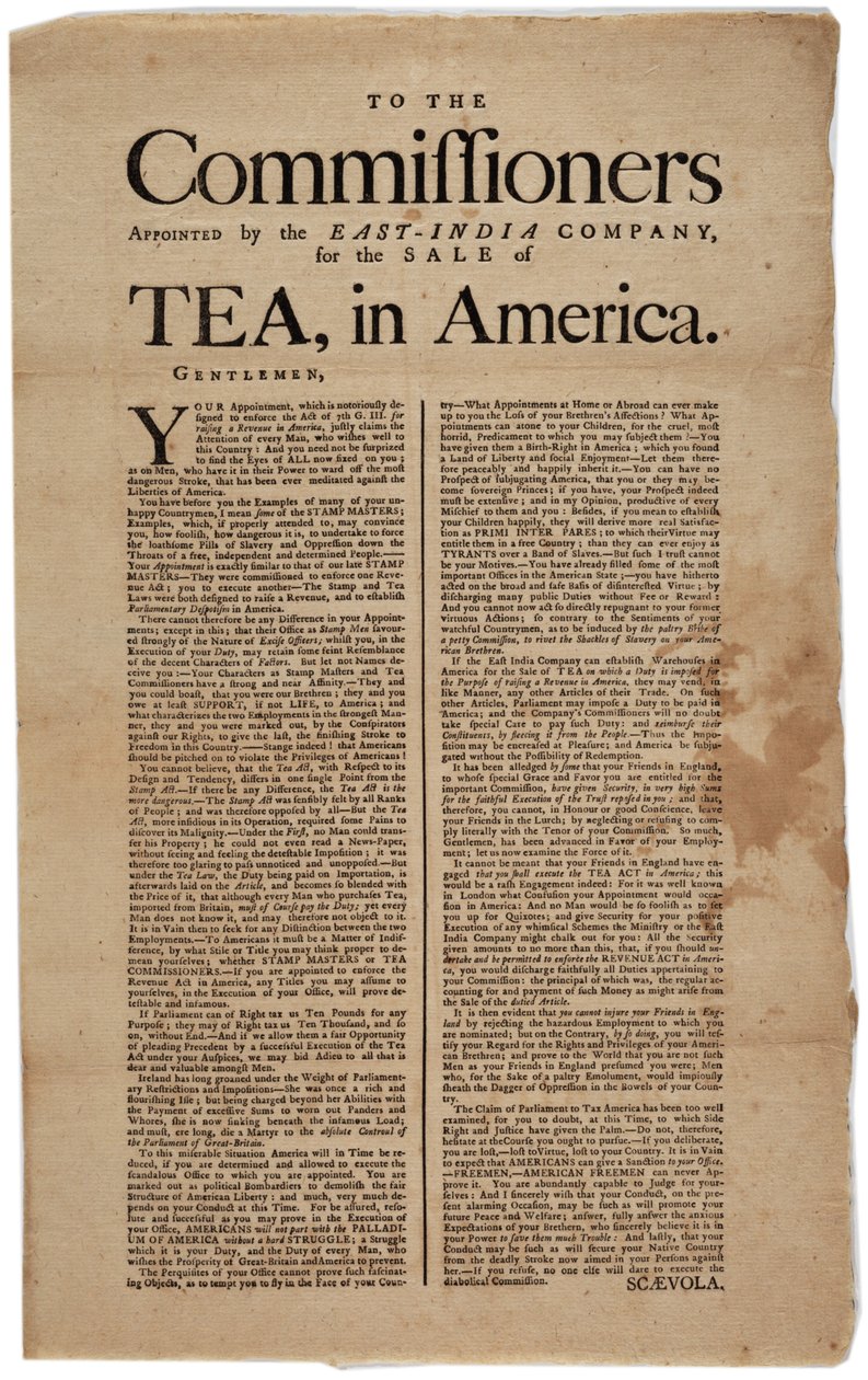 Til kommissærerne udpeget af East-India Company til salg af te i Amerika, underskrevet Scaevola, 1773 af American School