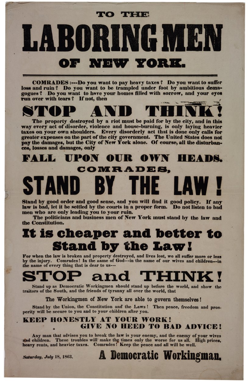 Til Laboring Men of New York, 18. juli 1863 af American School