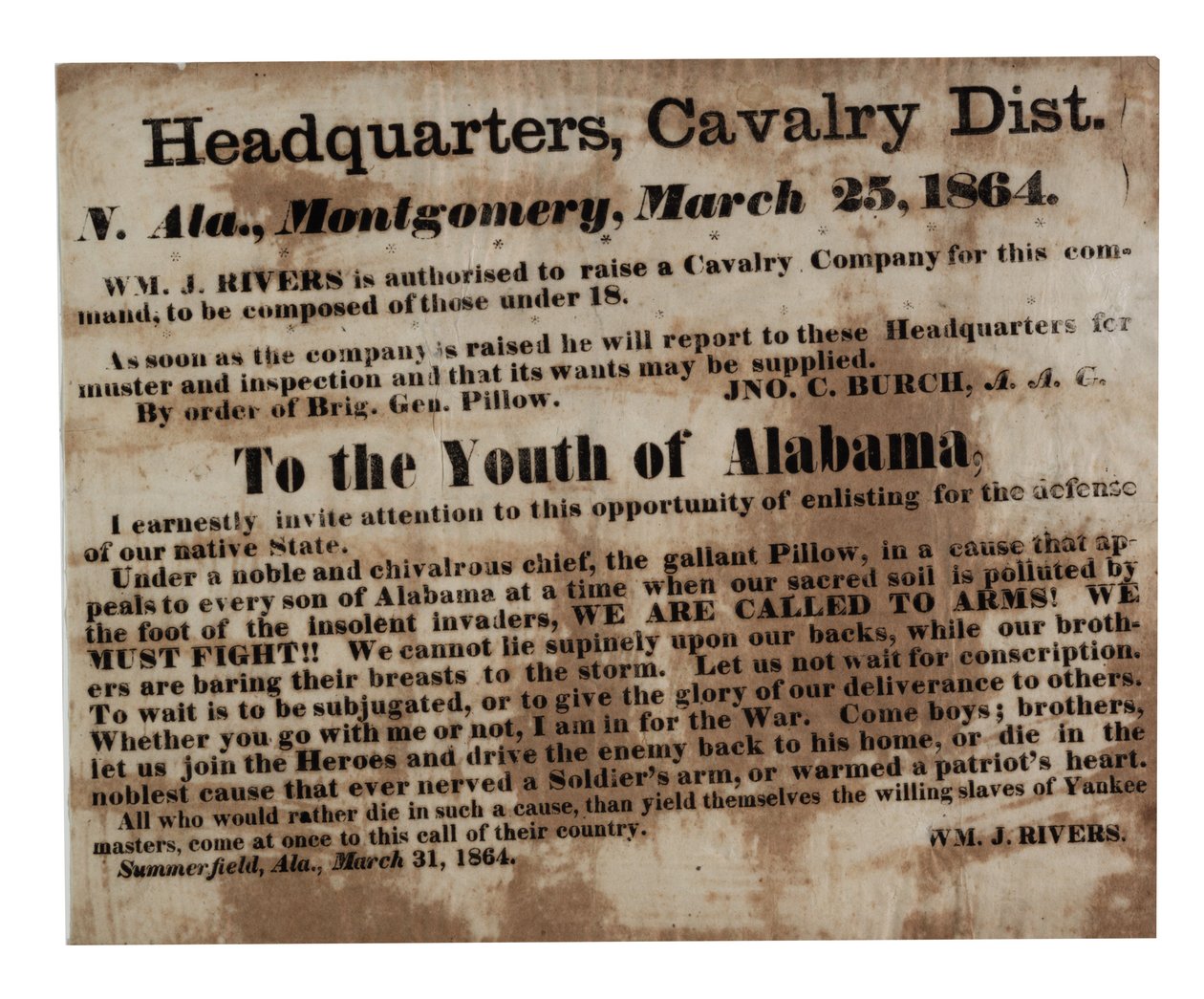 Til Youth of Alabama: Vi kalder til våben! (rekruttering bredside), 25. marts 1864 af American School