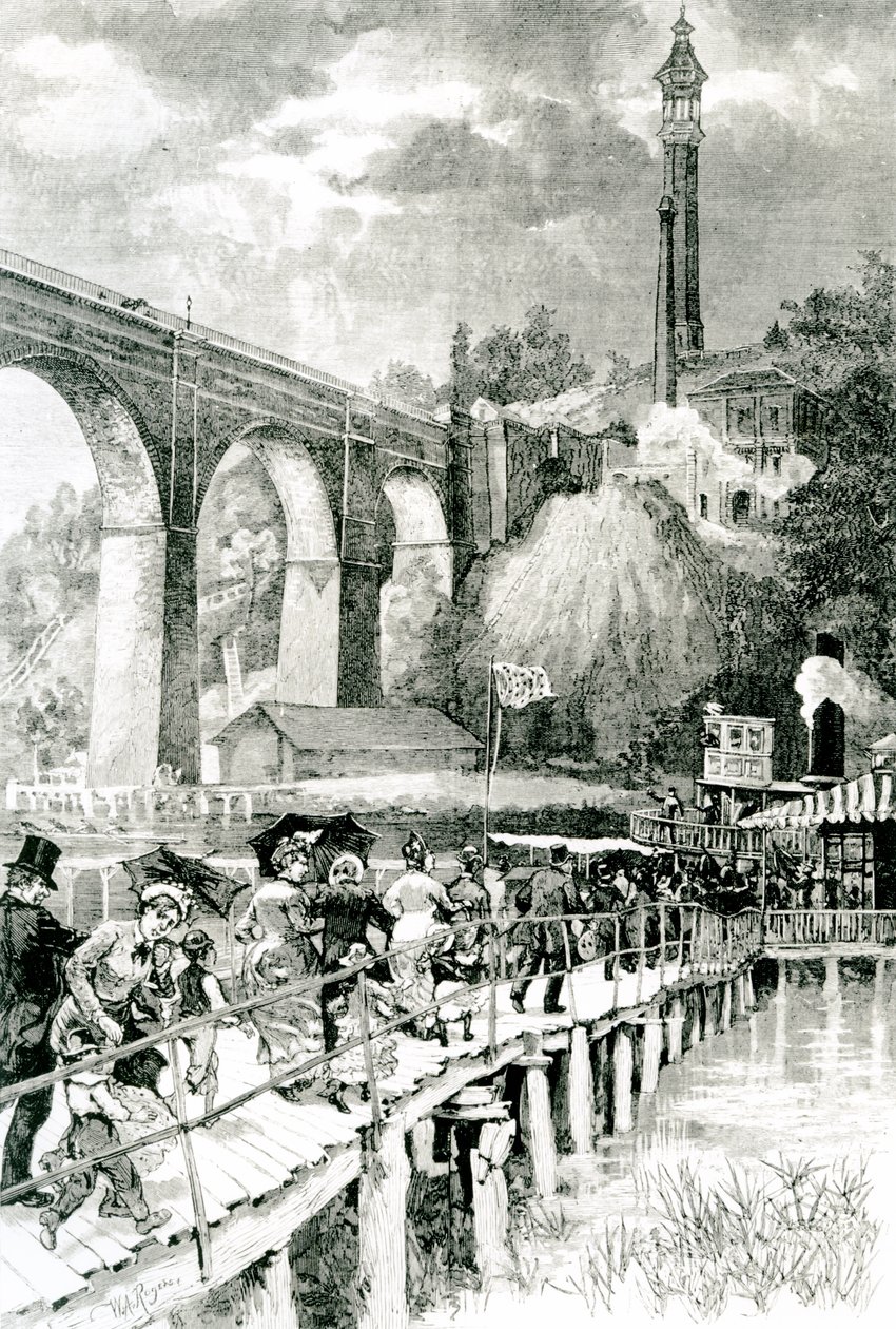 Turister vender tilbage til deres dampskib på Harlem-floden med High Bridge til venstre, indgraveret af WA Rogers for Harpers Weekly, 24. juli 1880 af American School