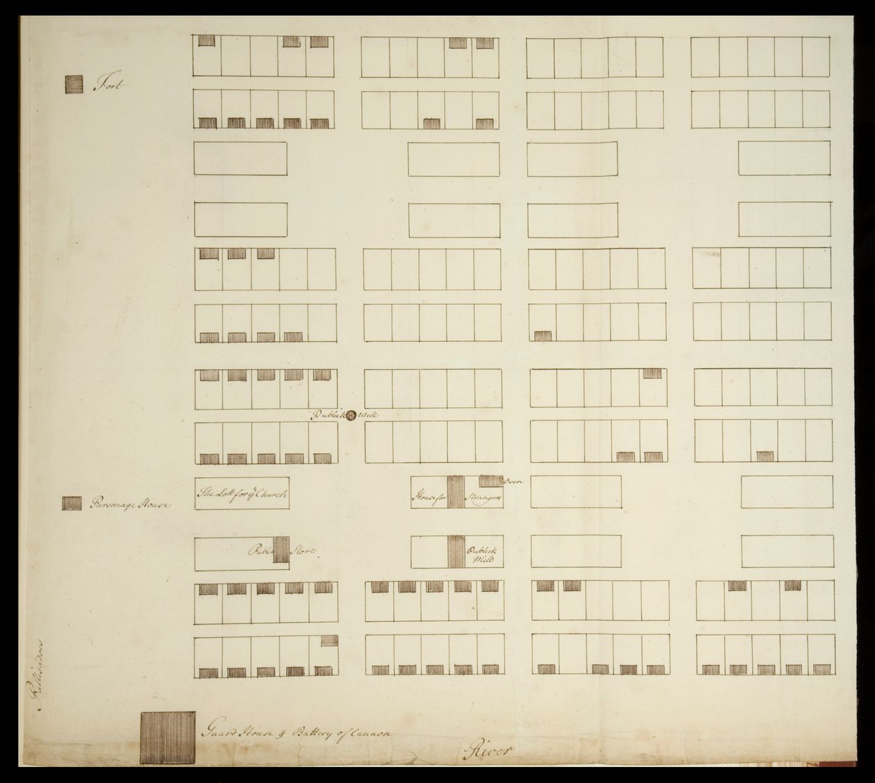 Byplan for Savannah, ca. 1733 (pen og blæk på papir) af American School