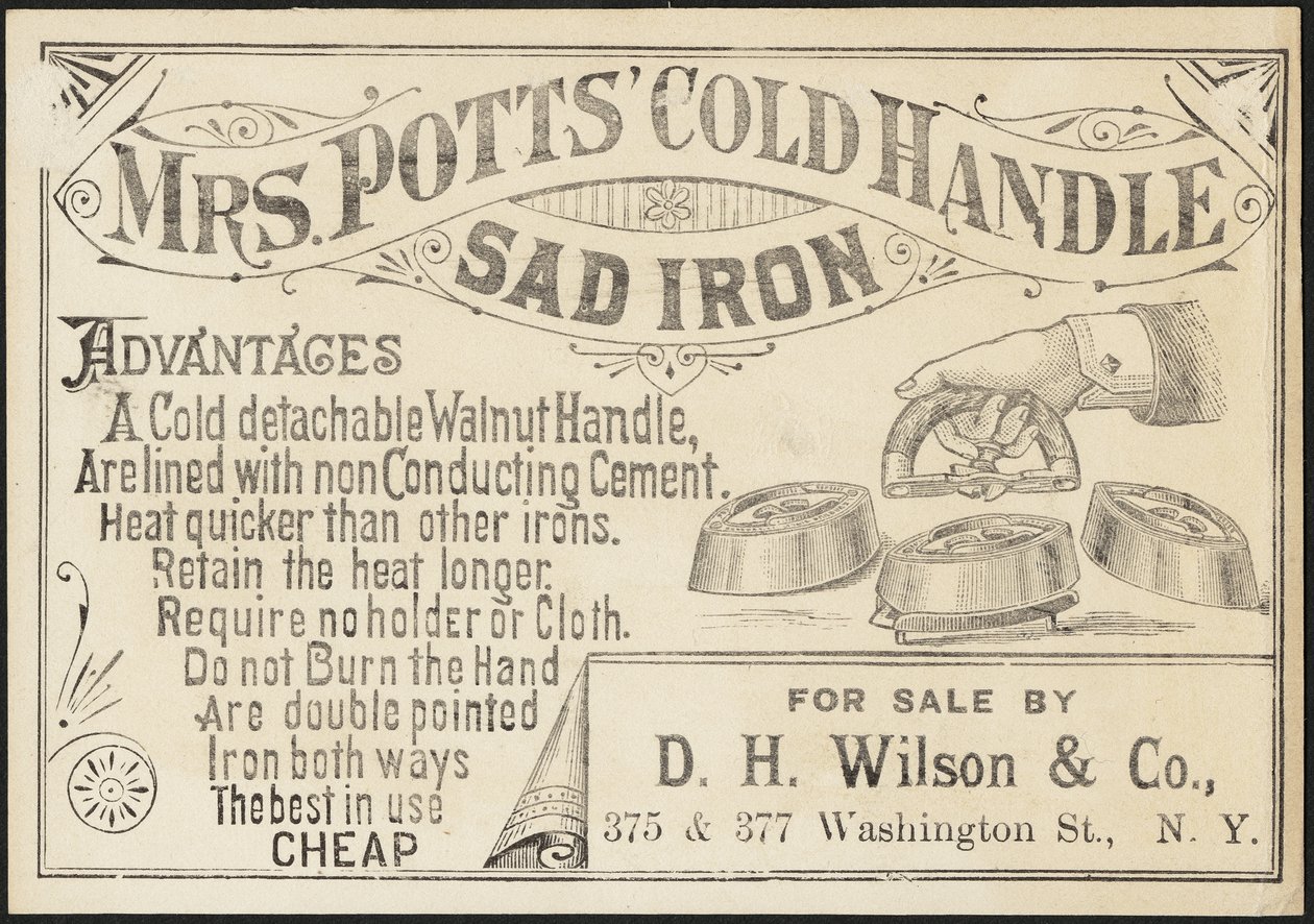 Trade card for Mrs. Potts" Cold Handle Sad Iron, ca. 1870-1900 af American School
