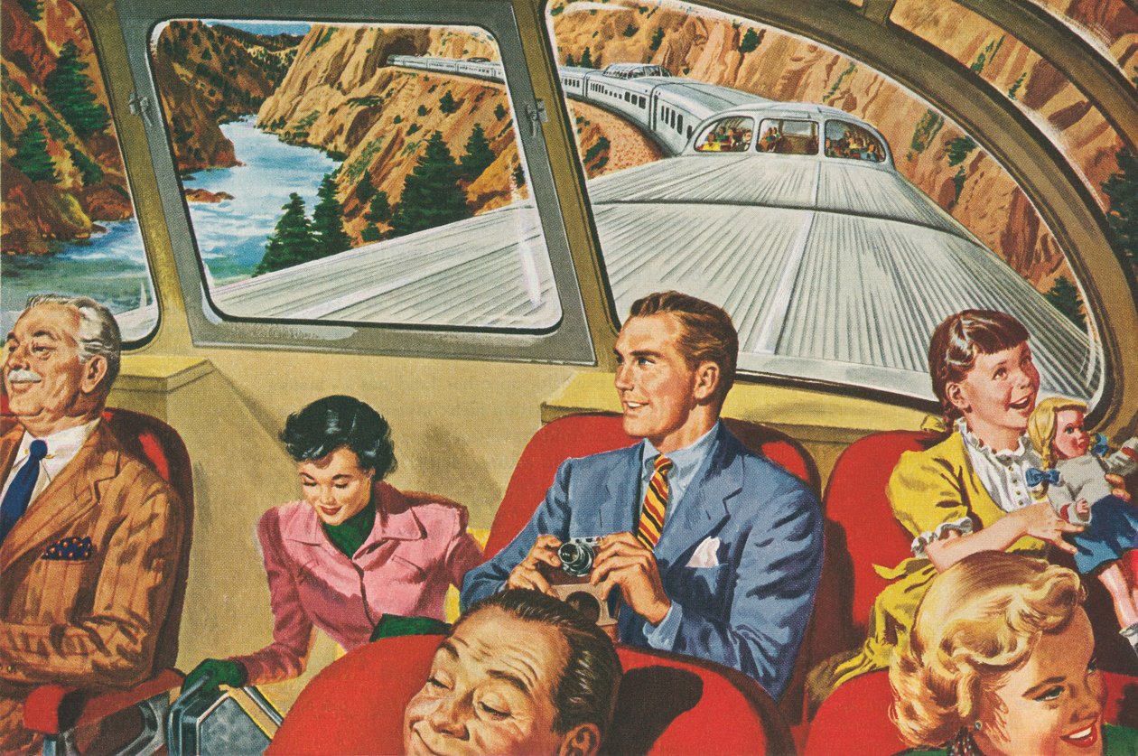 Rejsende, der nyder en futuristisk togtur af American School