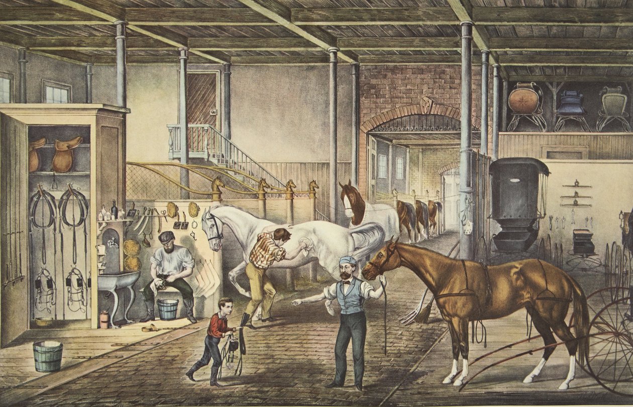 Trotting Cracks At Home, A Model Stable, pub. 1868, Currier & Ives af American School