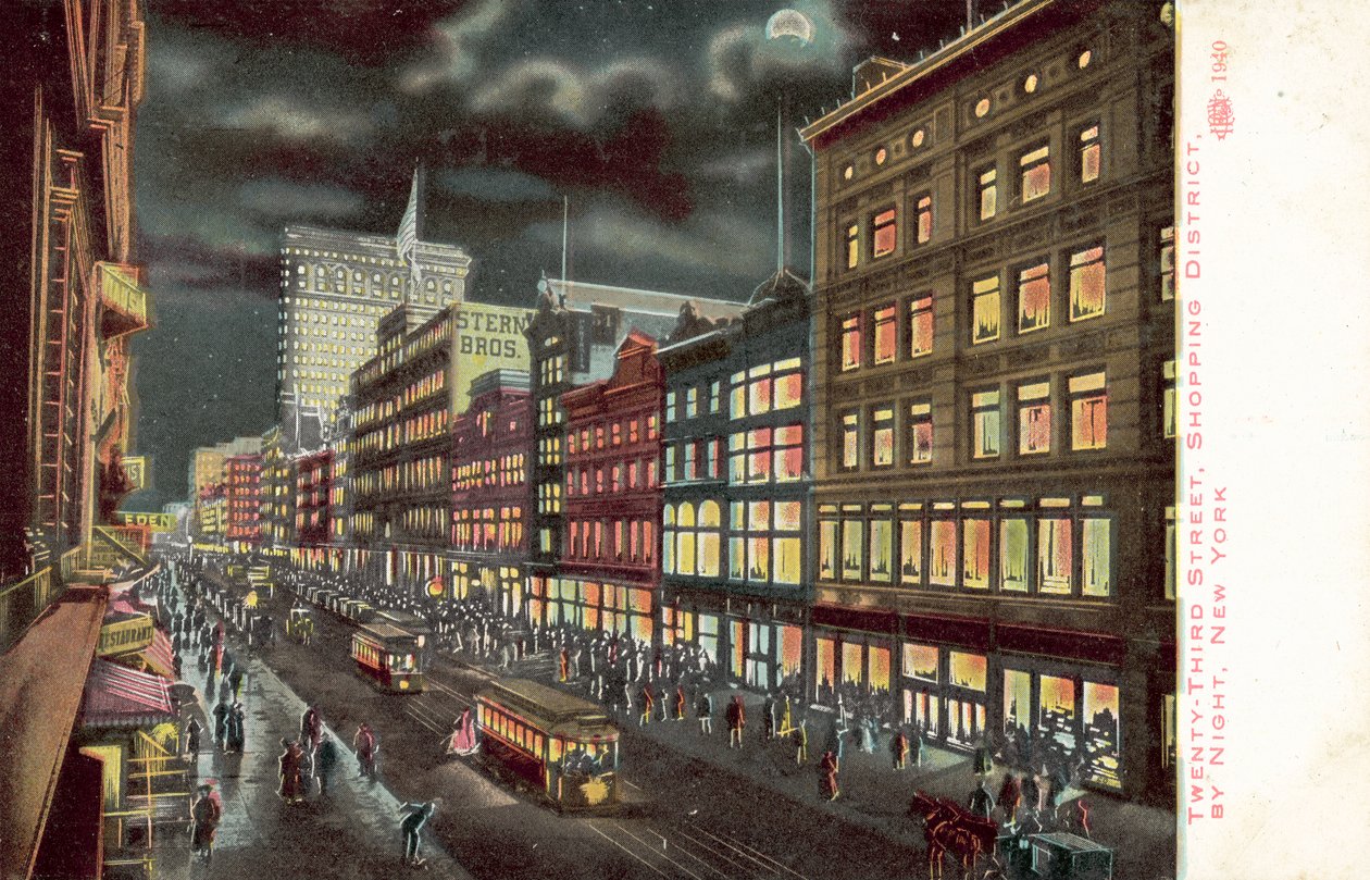 Twenty-Third Street shoppingdistrikt, New York, om natten (farvelitografi) af American School