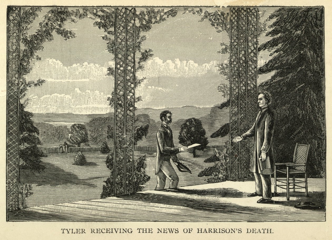 Tyler modtager nyheden om Harrisons død, pub.1888 (gravering) af American School