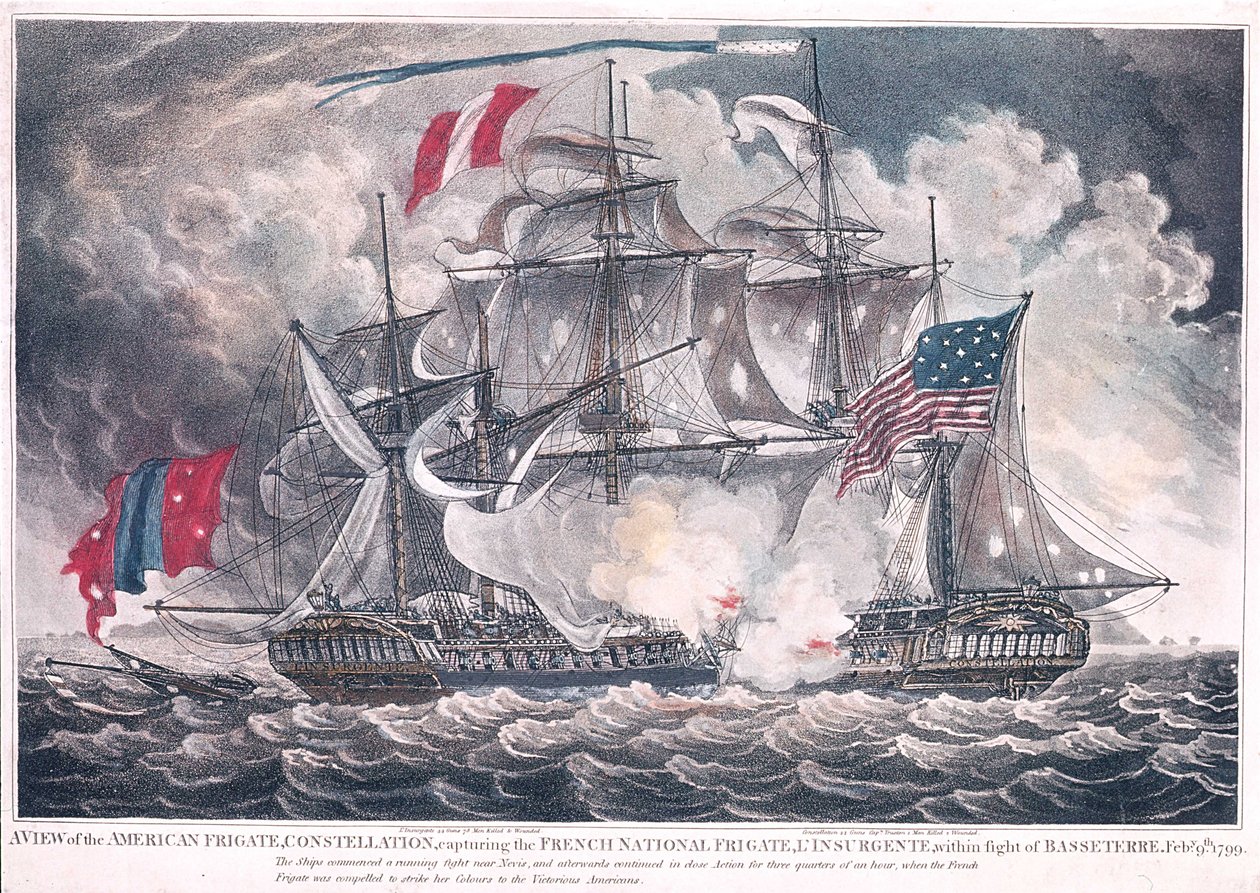 US Fregate Constellation fanger LInsurgente i Vestindien ved slaget ved Basseterre, 9. februar 1799, udgivet i 1800 af American School