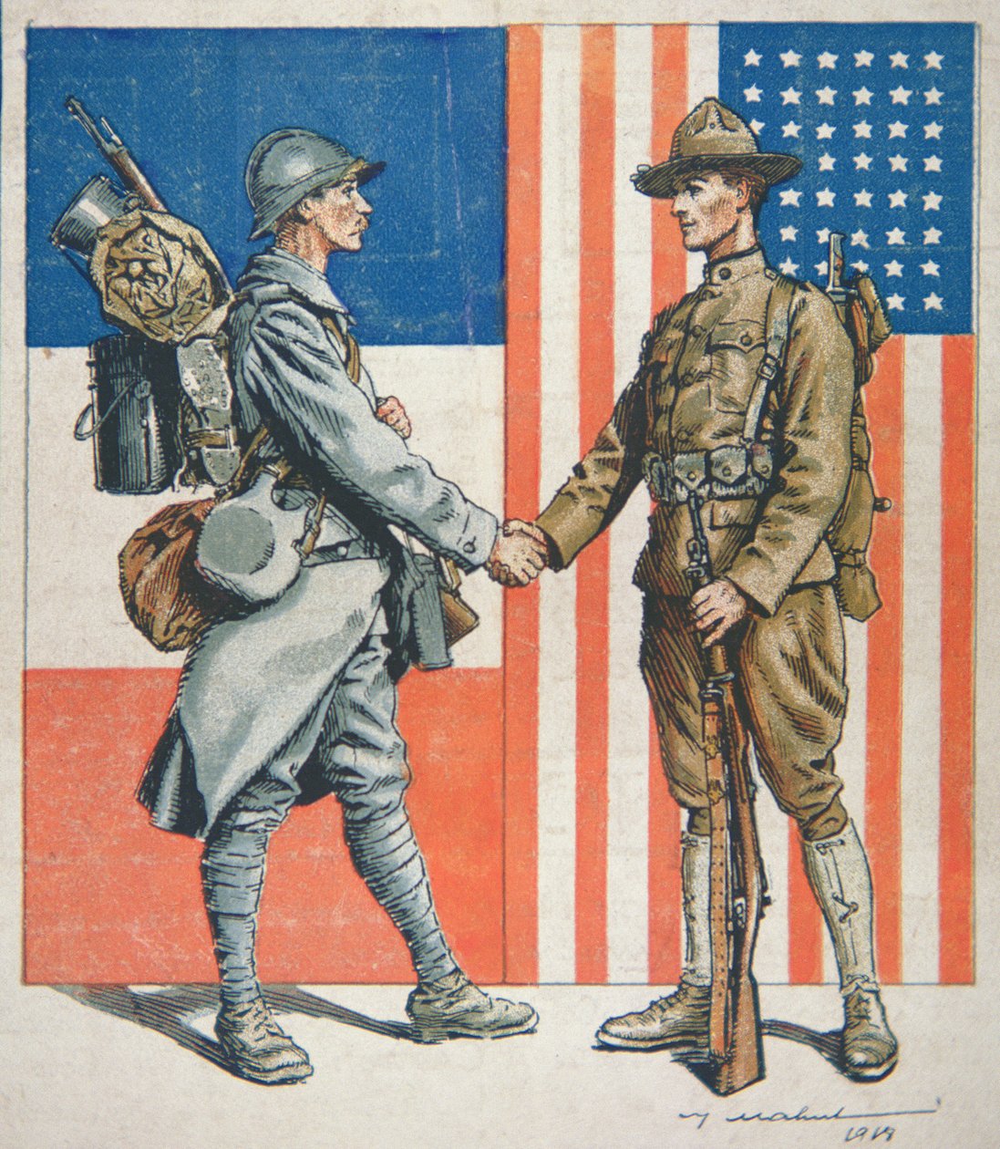 Amerikansk soldat giver hånd med en fransk soldat, Amerikas indtræden i Første Verdenskrig af American School