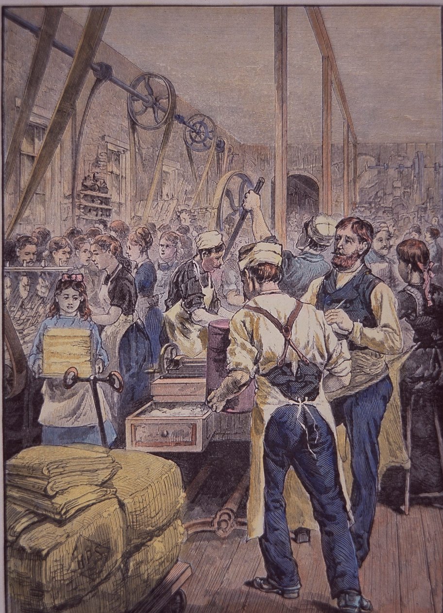 Amerikansk tekstilindustri, tekstilfabrik i nord, ca. 1870 (farvet gravering) af American School
