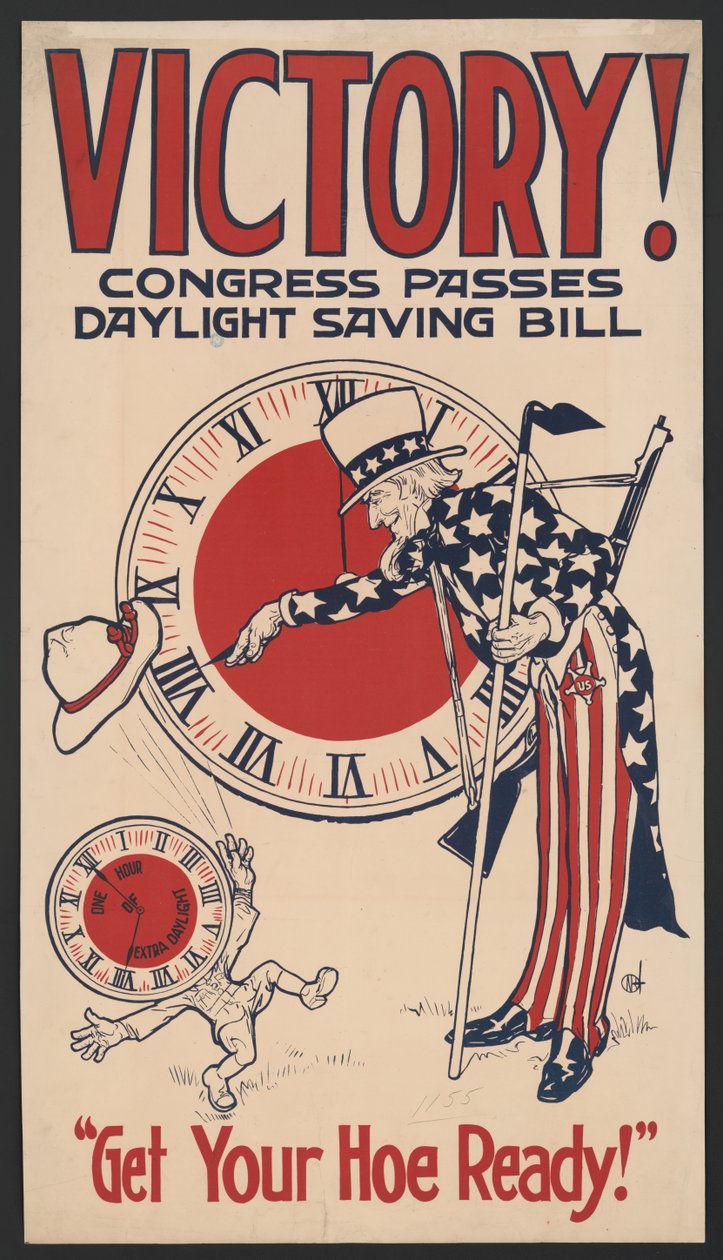 Onkel Sam vender uret tilbage, sejr! Kongressen godkender sommertidsloven, gør din sko klar!, sommertid-plakat under 1. verdenskrig, USA, 1918 af American School