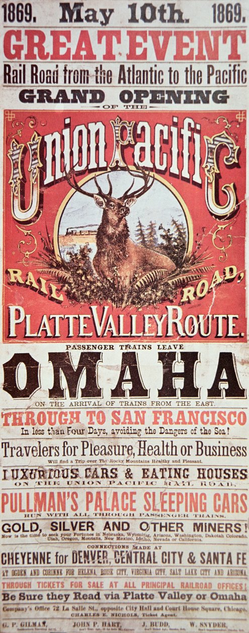 Union Pacific Railroad-plakat, der reklamerer for den første transkontinentale jernbane på tværs af USA af American School