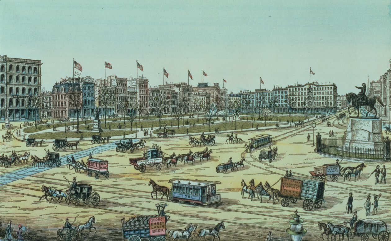 Union Square og Fourteenth Street til Seventeenth Street, fra en serie af 48 Views of New York and Environs, pub. af Charles Magnus af American School