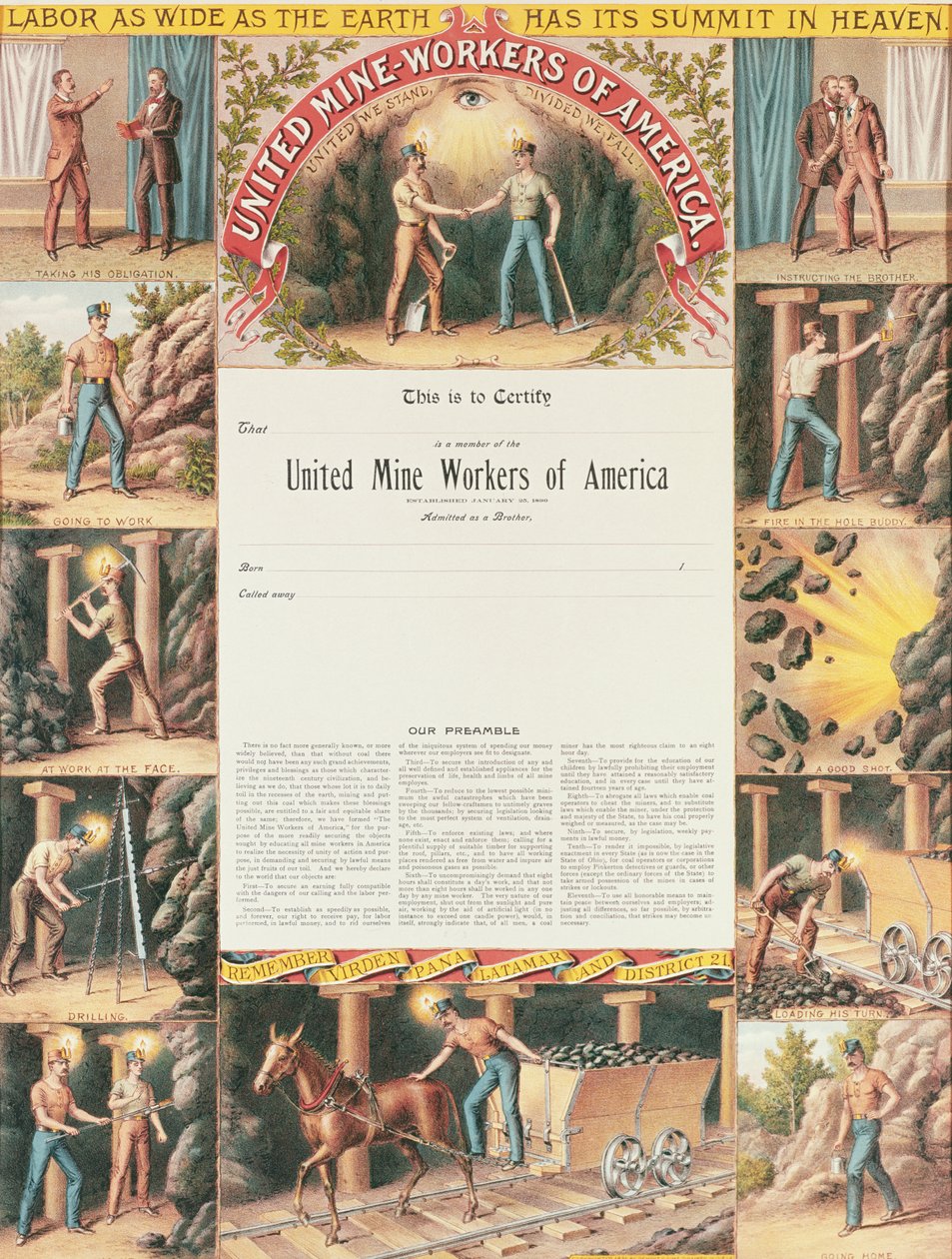 United Mine Workers Certificate, 1890 af American School