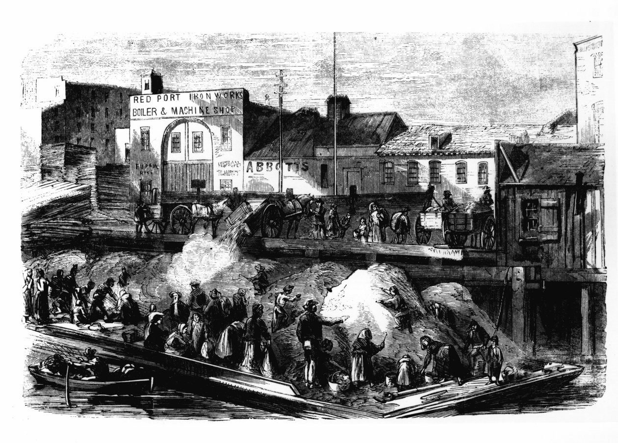 Vagrants plukker klude til salg fra Beach Street-affaldspladsen, New York, ca. 1870 af American School