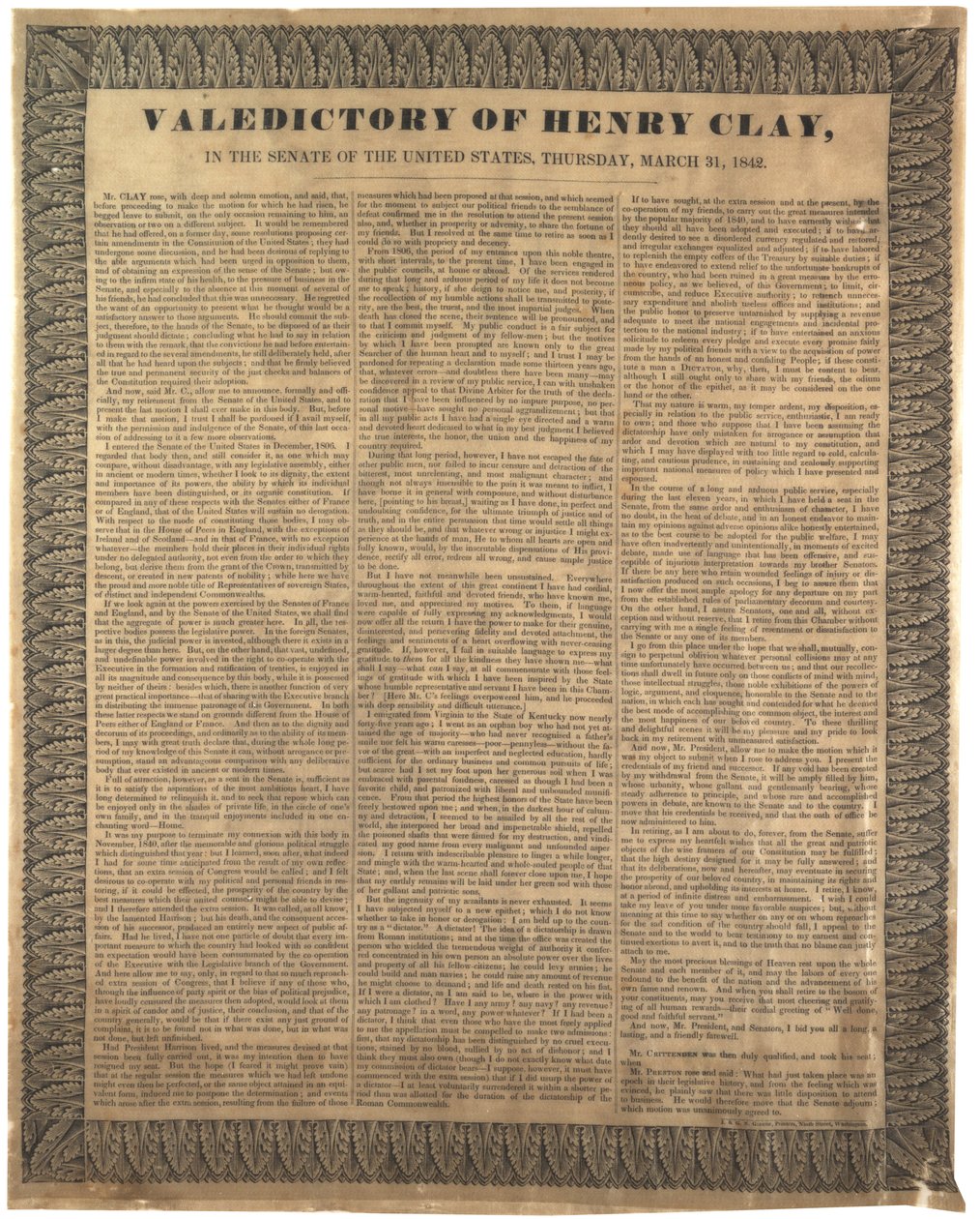 Valedictory of Henry Clay, i Senatet i USA, 31. marts 1842 af American School