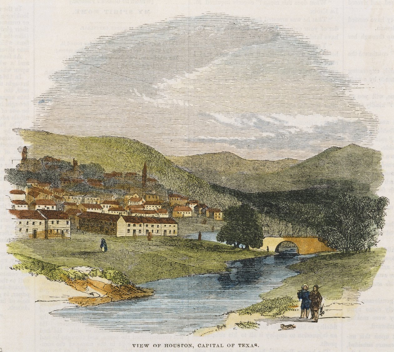 Udsigt over Houston, hovedstaden i Texas, ca. 1852 (håndfarvet trægravering) af American School