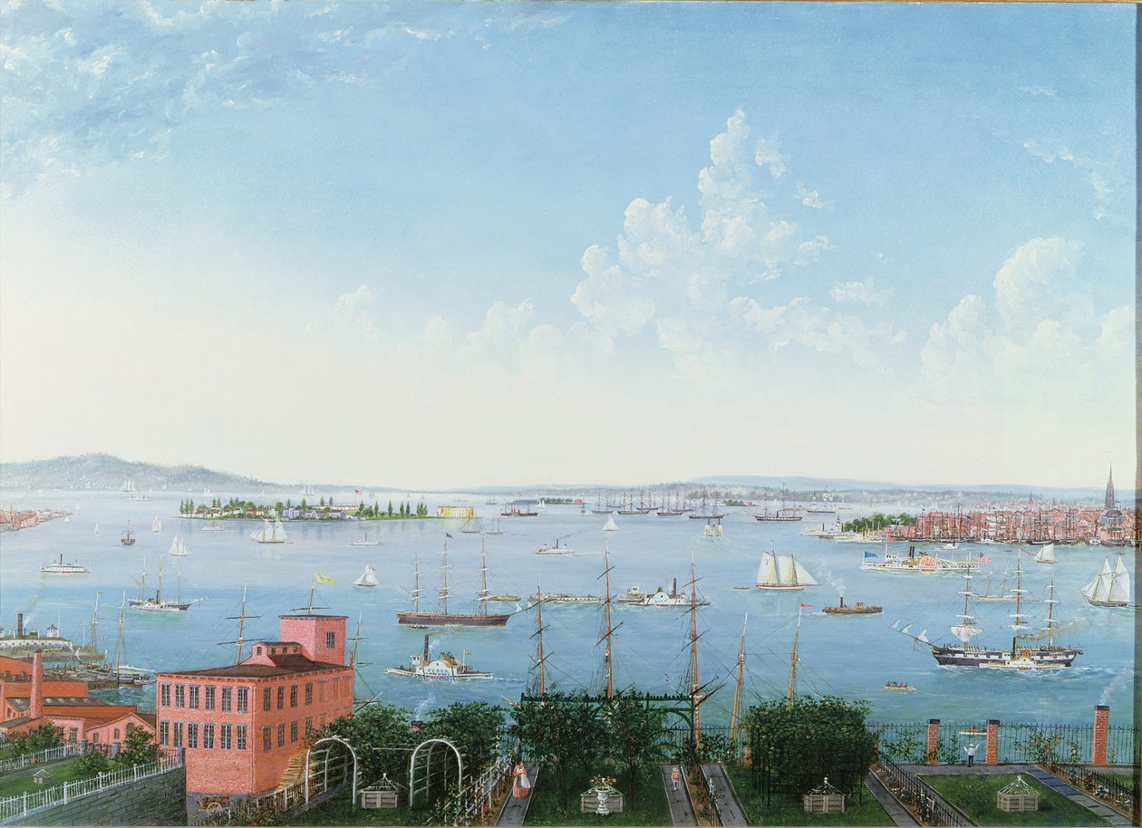Udsigt over New York Harbour fra Brooklyn Heights, ca. 1860 (olie på linned) af American School