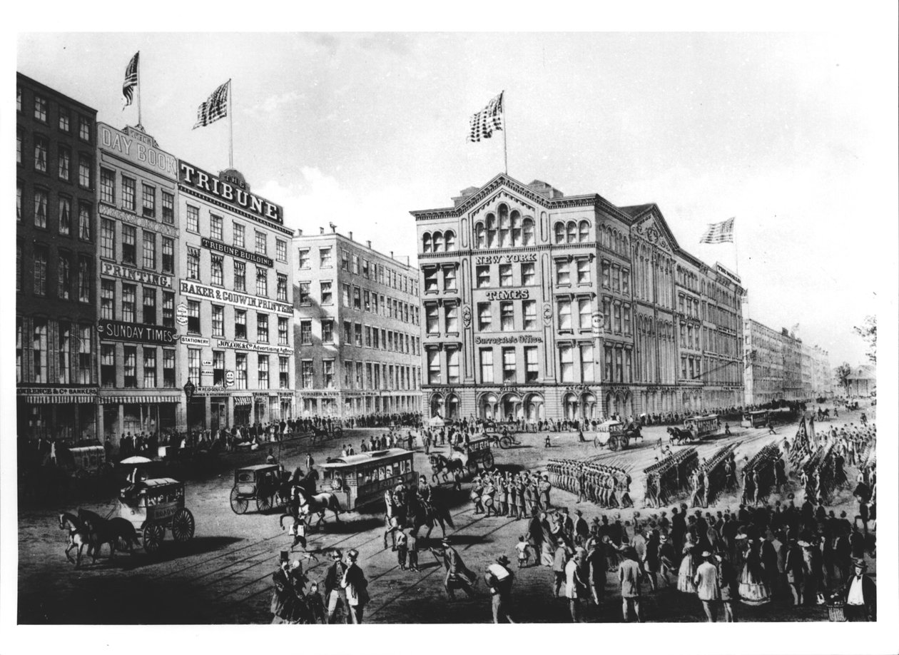 Udsigt over Printing Square i New York med hovedkvartererne for The New York Times, The Sunday Times og The Tribune af American School