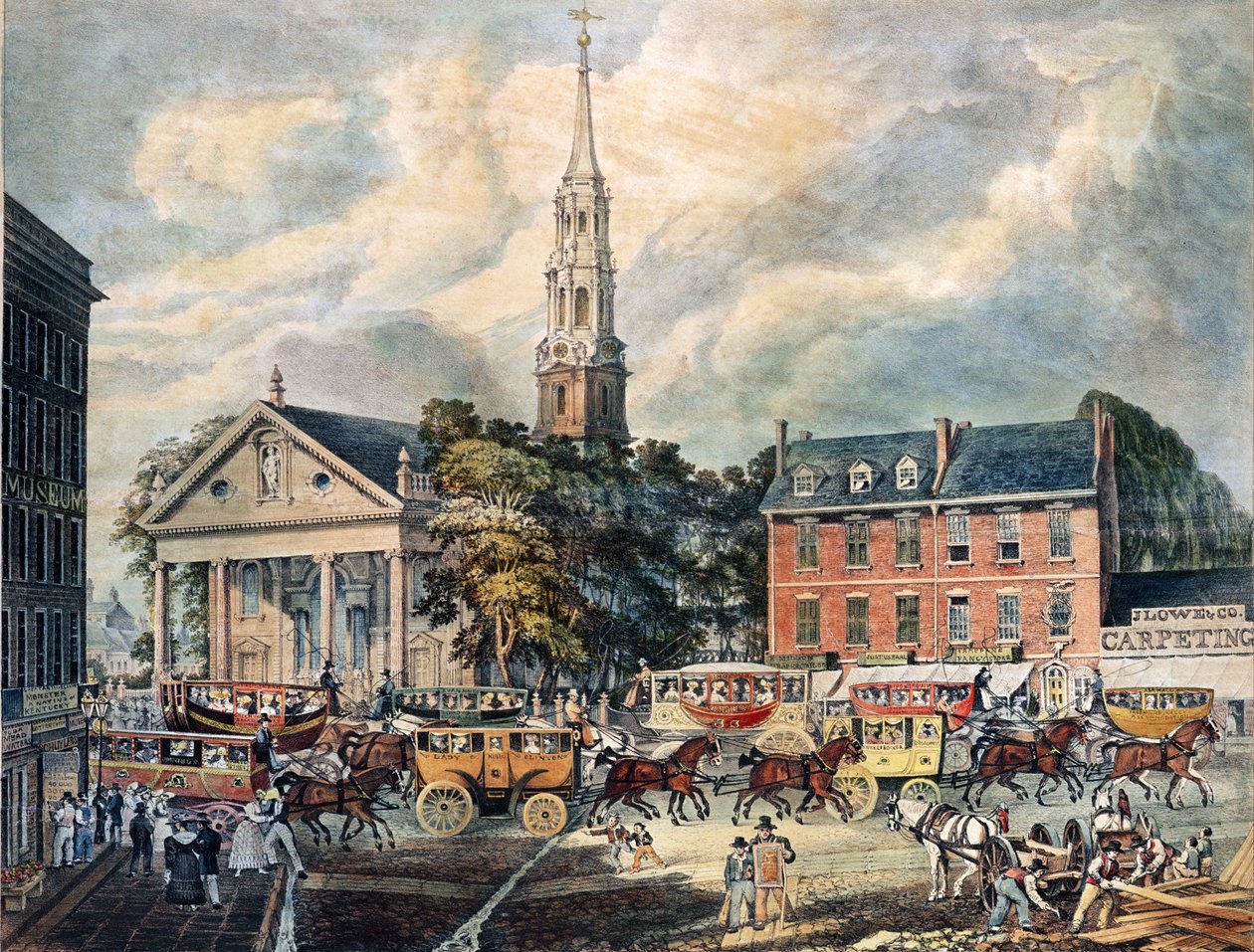 Udsigt over St. Pauls Chapel og Broadway Stages, New York af American School