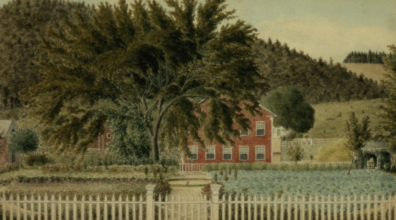 Udsigt over et rødt hus med et stakit, 1854 (wc med gouache på papir) af American School