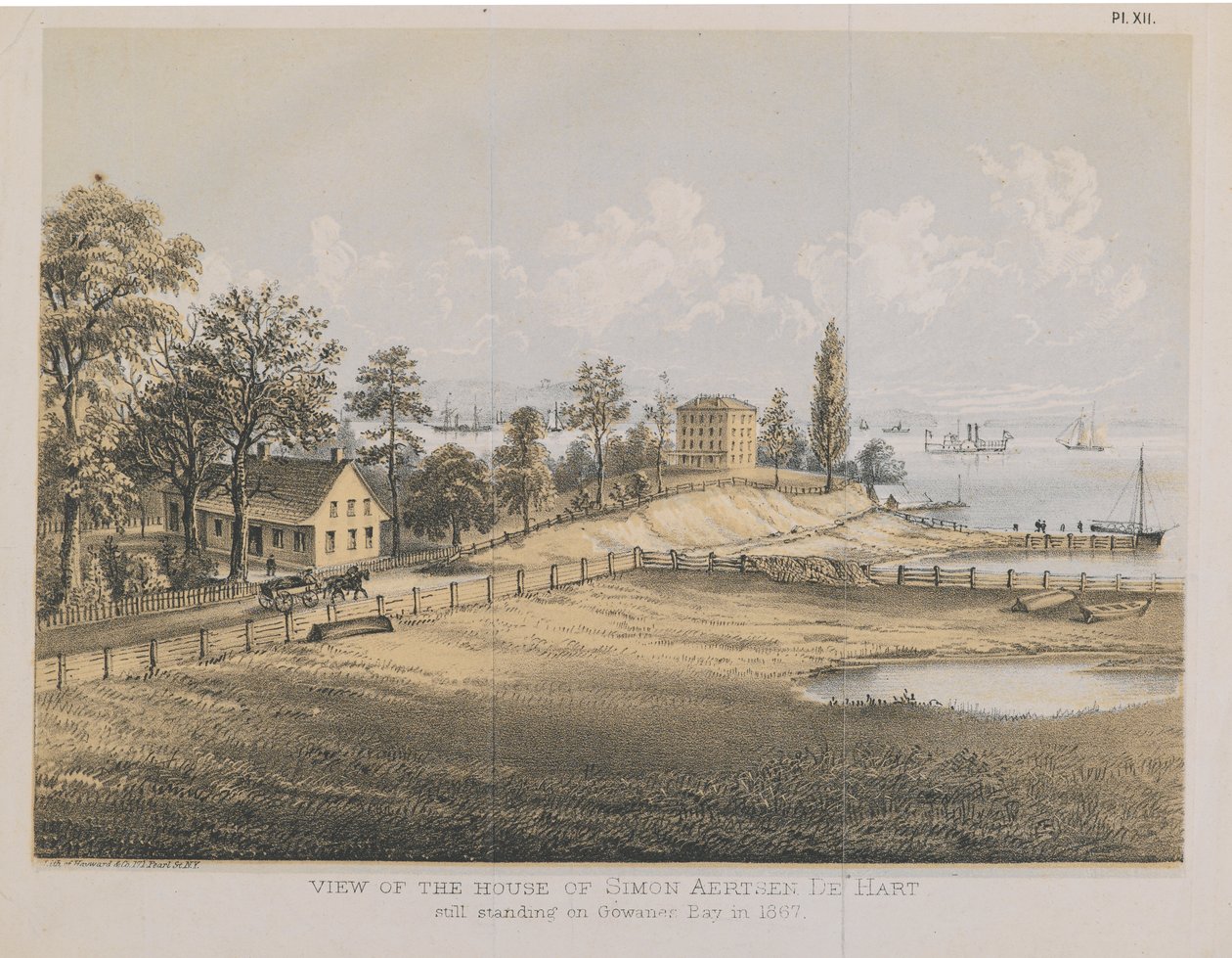 Udsigt over Simon Aertsen de Harts hus, 1867 (farve litho) af American School