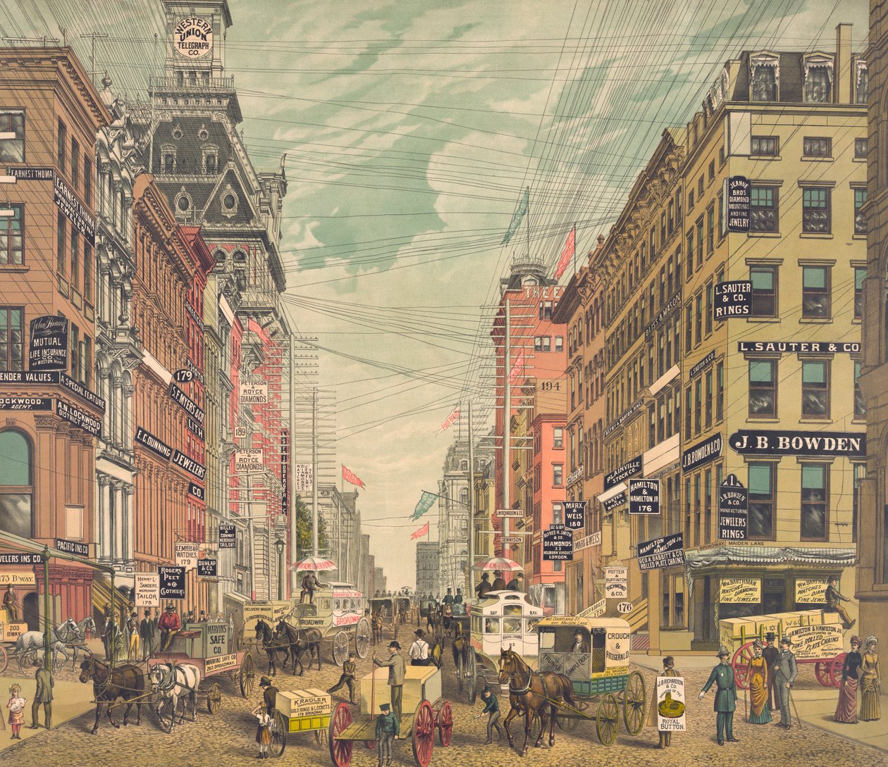 Vintage-udsigt over Broadway i New York City, ca. 1880 (kromolitografi) af American School