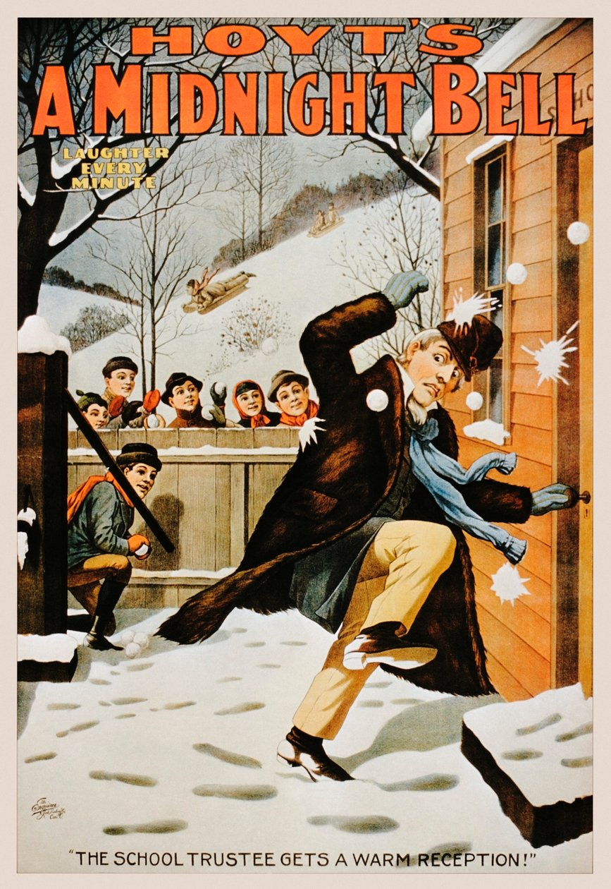 Vintage plakat af drenge, der kaster mand med snebolde, 1890-99 af American School