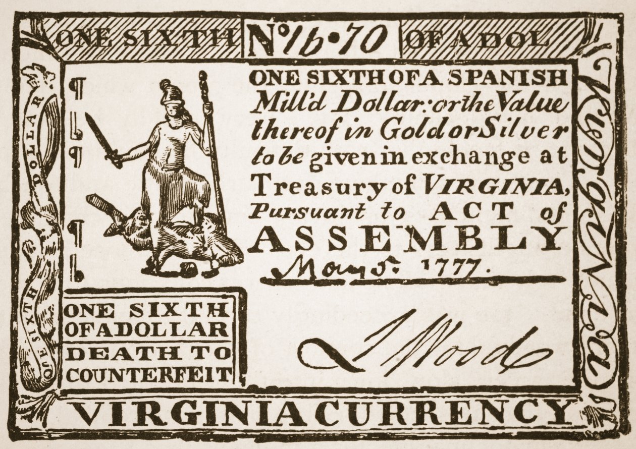 Virginia Currency, svarende til en sjettedel af en spansk dollar, 1777 af American School