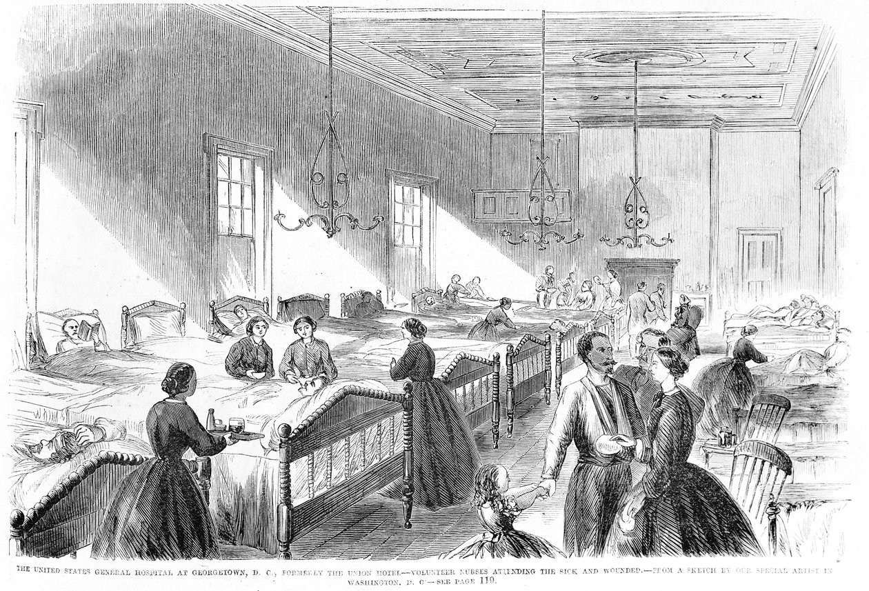 Frivillige sygeplejersker, der behandler de syge på US General Hospital i Georgetown, fra Frank Leslies Illustrated Newspaper, 6. juli 1861 af American School