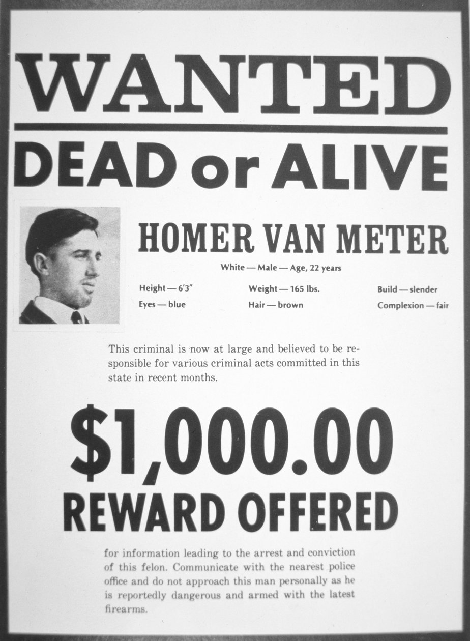 Eftersøgt plakat til Homer van Meter (avis) af American School