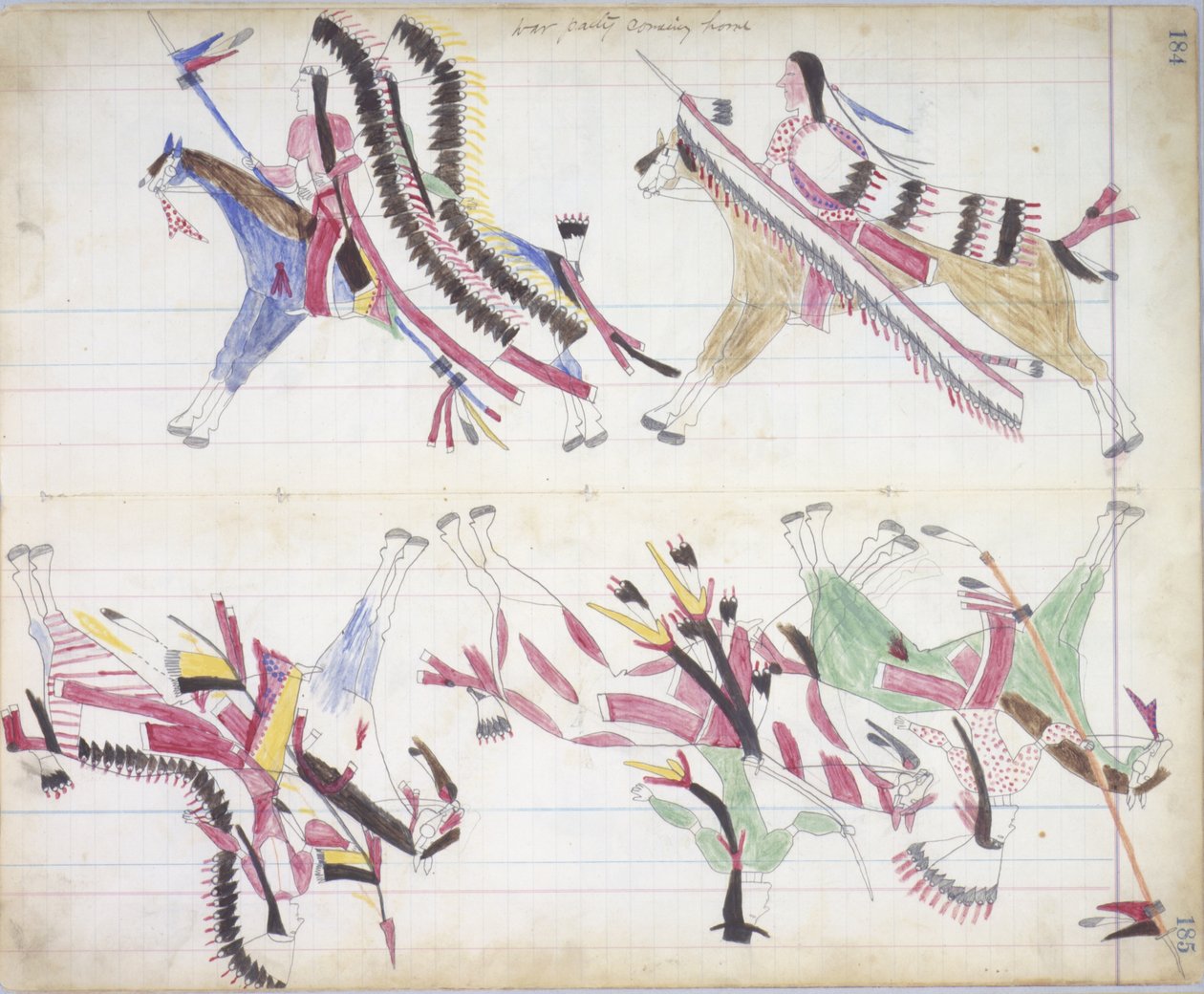 Krigsfest kommer hjem, illustration fra Black Horse Ledger, 1877-79 (blyant og farveblyant på papir) af American School