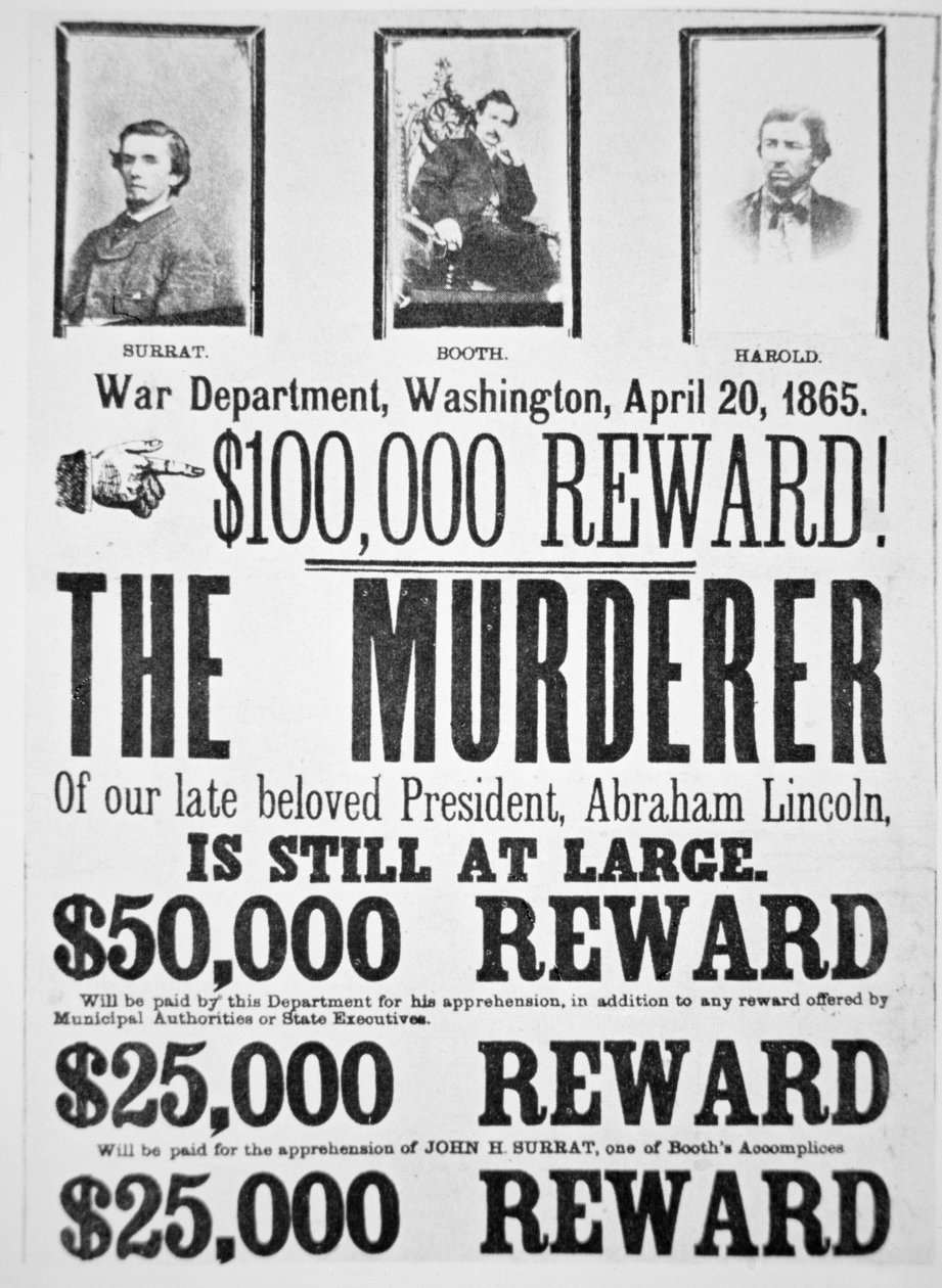 Washington War Department plakat, der annoncerer en belønning på 000 for at finde morderen af Abraham Lincoln (1809-65) 20. april 1865 (litho) af American School