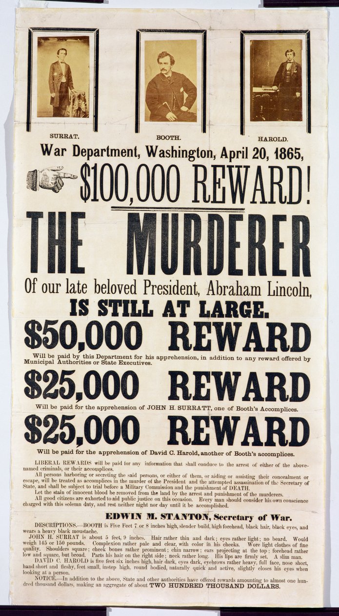 Washington War Department plakat, der annoncerer en belønning på $100.000 for at finde morderen af Abraham Lincoln, 20. april 1865 af American School