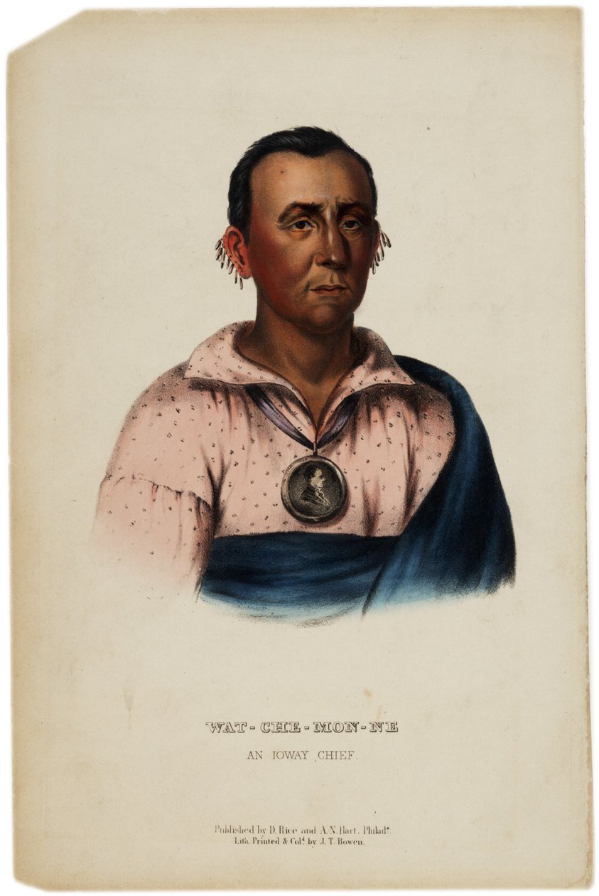 Wat-Che-Mon-Ne, Ioway-chef, tryk lavet af J. T. Bowen, illustration fra The History of the Indian Tribes of North America af Thomas L. McKenney og James Hall, ca. 1842-70 af American School