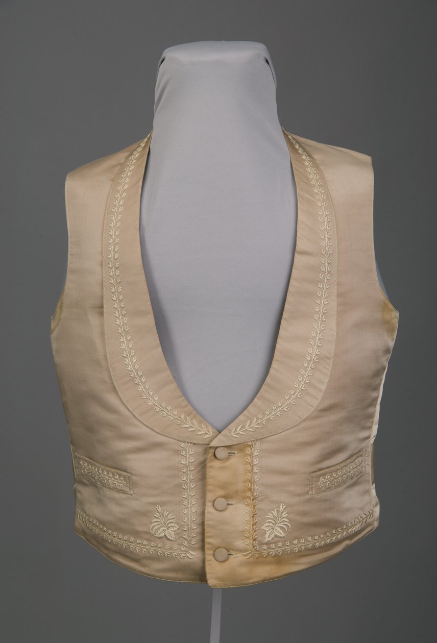 Bryllupsvest, ca. 1855 (set forfra), Silkebrokade, silketrådsbroderi, hør, Wallin & O
