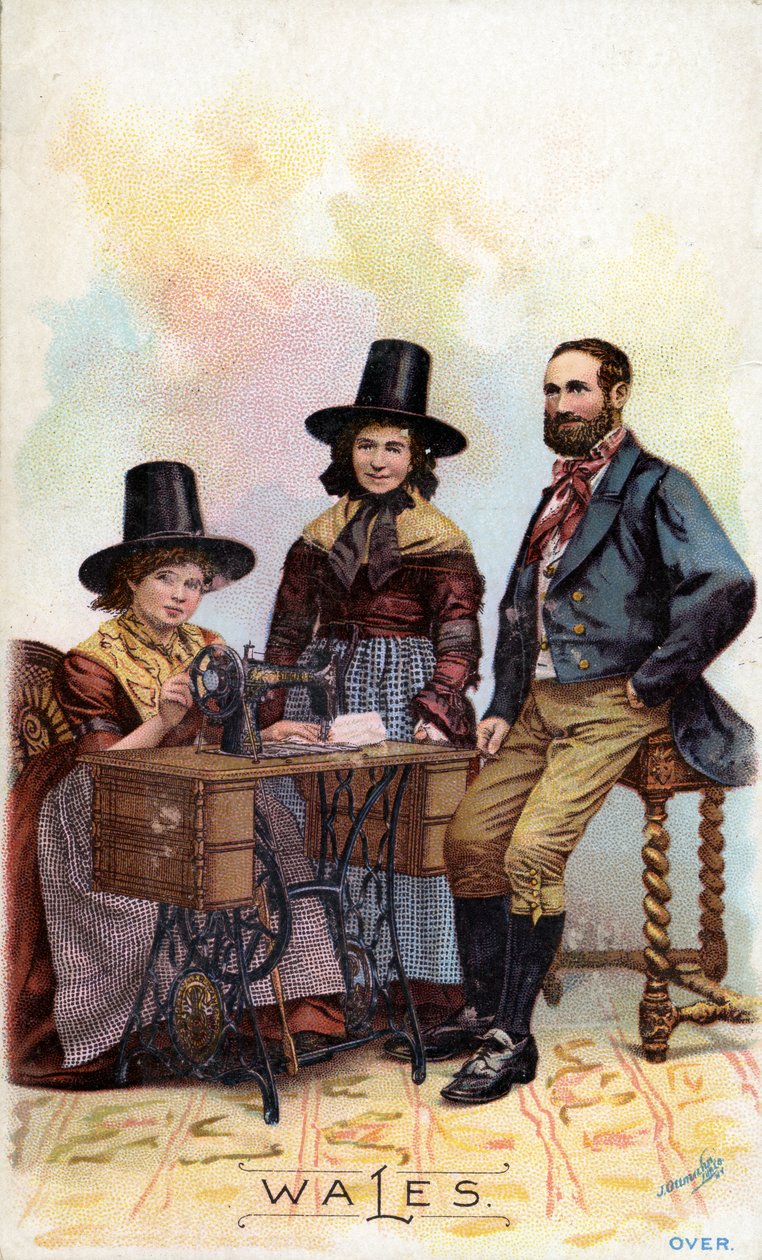 Walisisk familie grupperet omkring en Singer-symaskine, ca. 1893 af American School