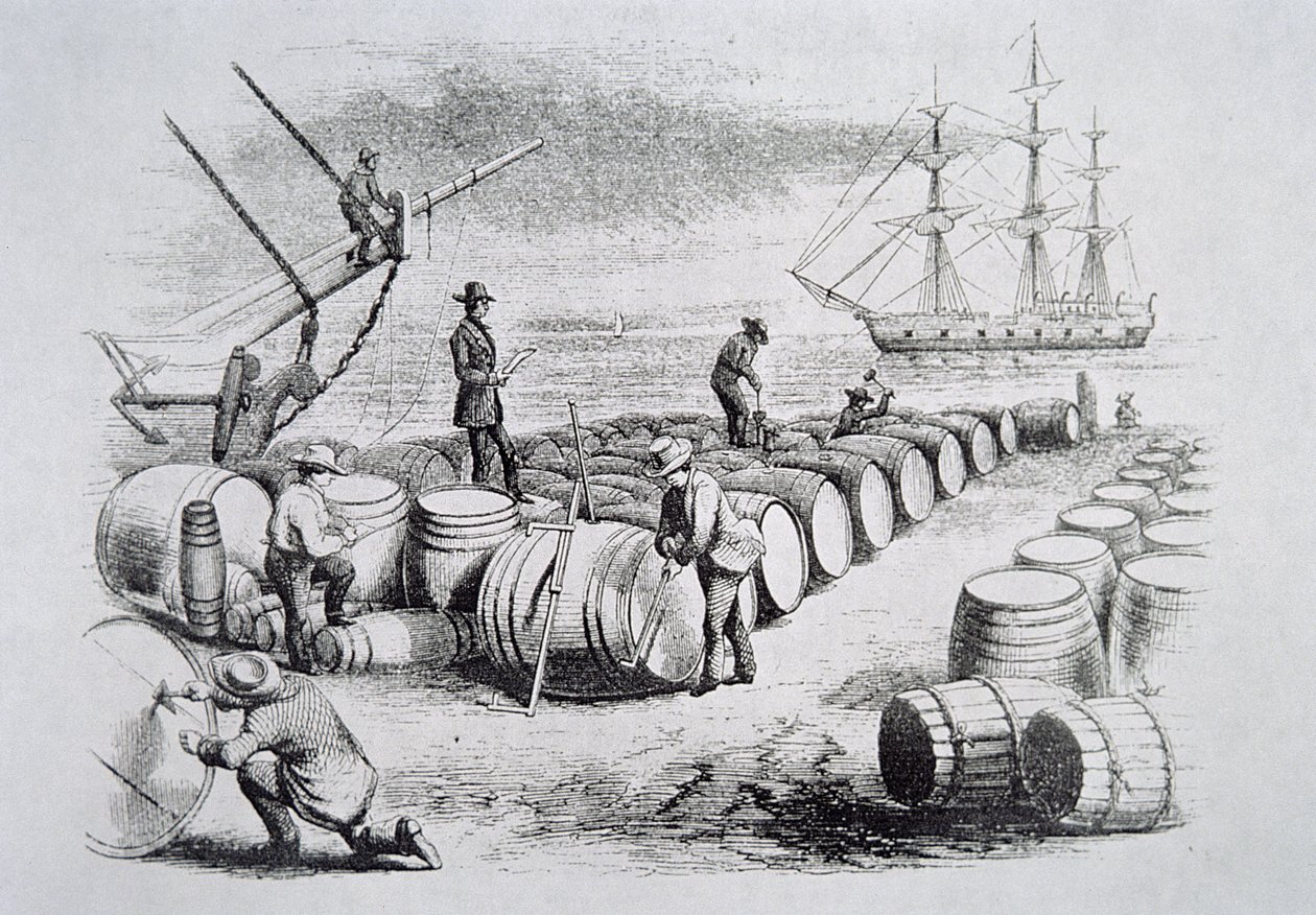 Hvalfangere, der måler olie i tønder, fra The American Whale Fishery, ca. 1850 (gravering) af American School