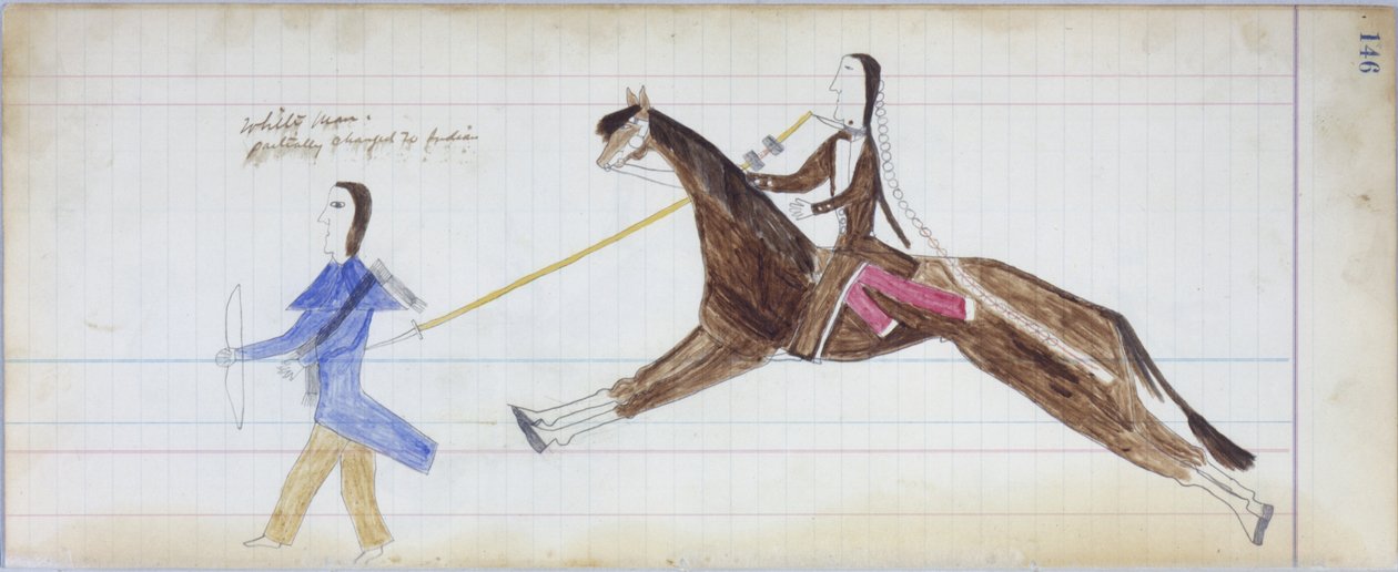 Hvid mand er delvist ændret til indisk, illustration fra Black Horse Ledger, 1877-79 (blyant og farveblyant på papir) af American School