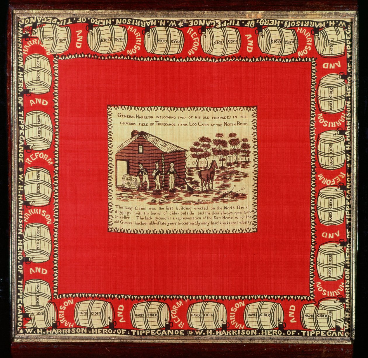 William Henry Harrison byder to gamle kammerater velkommen i Log Cabin, 1840 (silke) af American School
